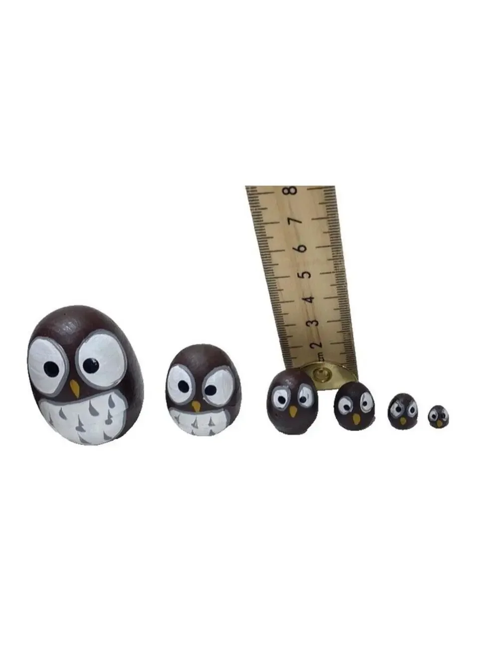 Wooden Owl Nesting Dolls - 10 Piece Set - Brown and White - Hand-Painted